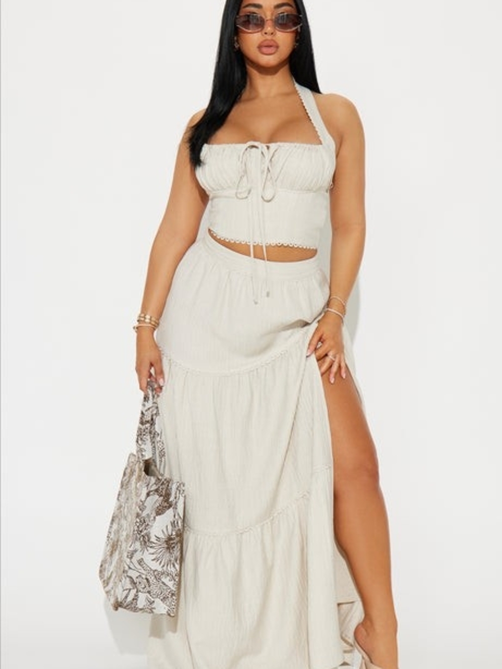 Fashion Nova Cream Halter Maxi Skirt with Side Slit